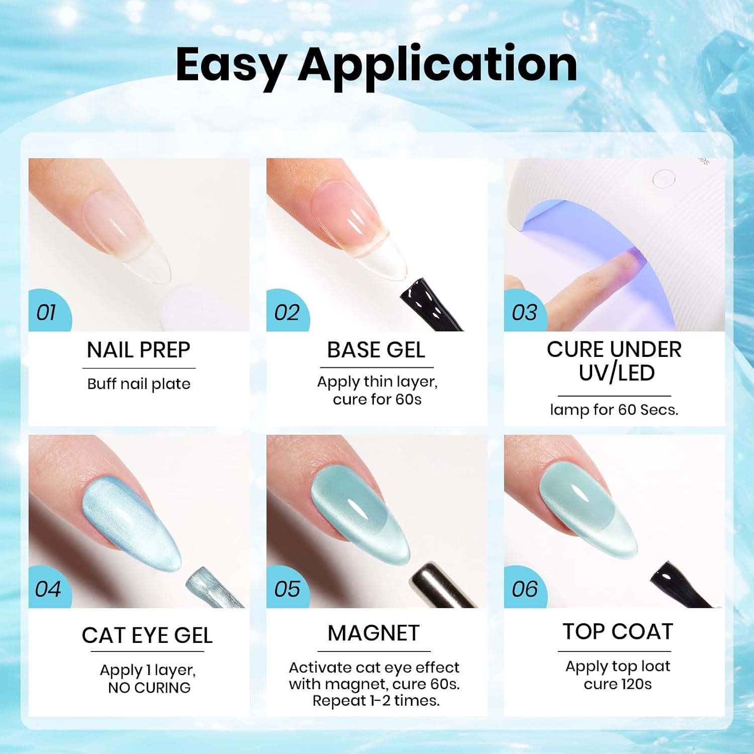 image:imageBeetles Pistachio Latte Cat Eye Gel Polish Brown Base Green Magnetic Glow 15ml Fall Brown Cat Eye Gel Green Magnetic Glass Shimmer Effect Soak Off UV Nail Polish for DIY Nail Art Salon ManicuresA Glassy Blue Cat Eye Crystal Ocean