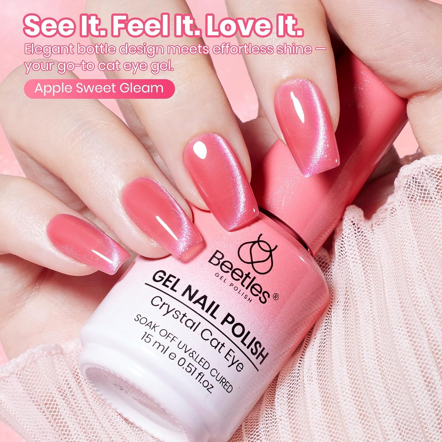 image:imageBeetles Pistachio Latte Cat Eye Gel Polish Brown Base Green Magnetic Glow 15ml Fall Brown Cat Eye Gel Green Magnetic Glass Shimmer Effect Soak Off UV Nail Polish for DIY Nail Art Salon ManicuresB Glassy Pink Apple Sweet Gleam