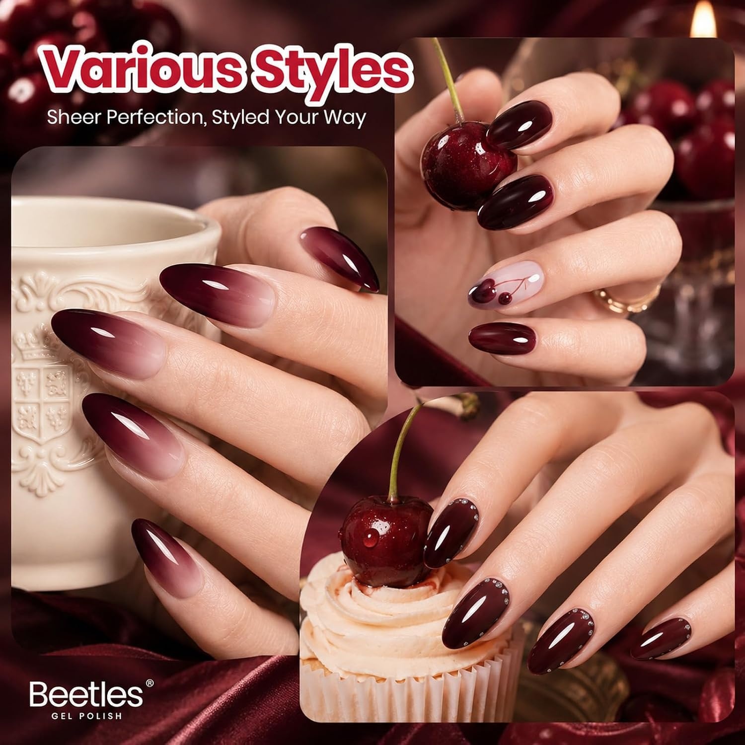 image:imageBeetles Pistachio Latte Cat Eye Gel Polish Brown Base Green Magnetic Glow 15ml Fall Brown Cat Eye Gel Green Magnetic Glass Shimmer Effect Soak Off UV Nail Polish for DIY Nail Art Salon ManicuresA Sheer Dark Red Cherry Allure