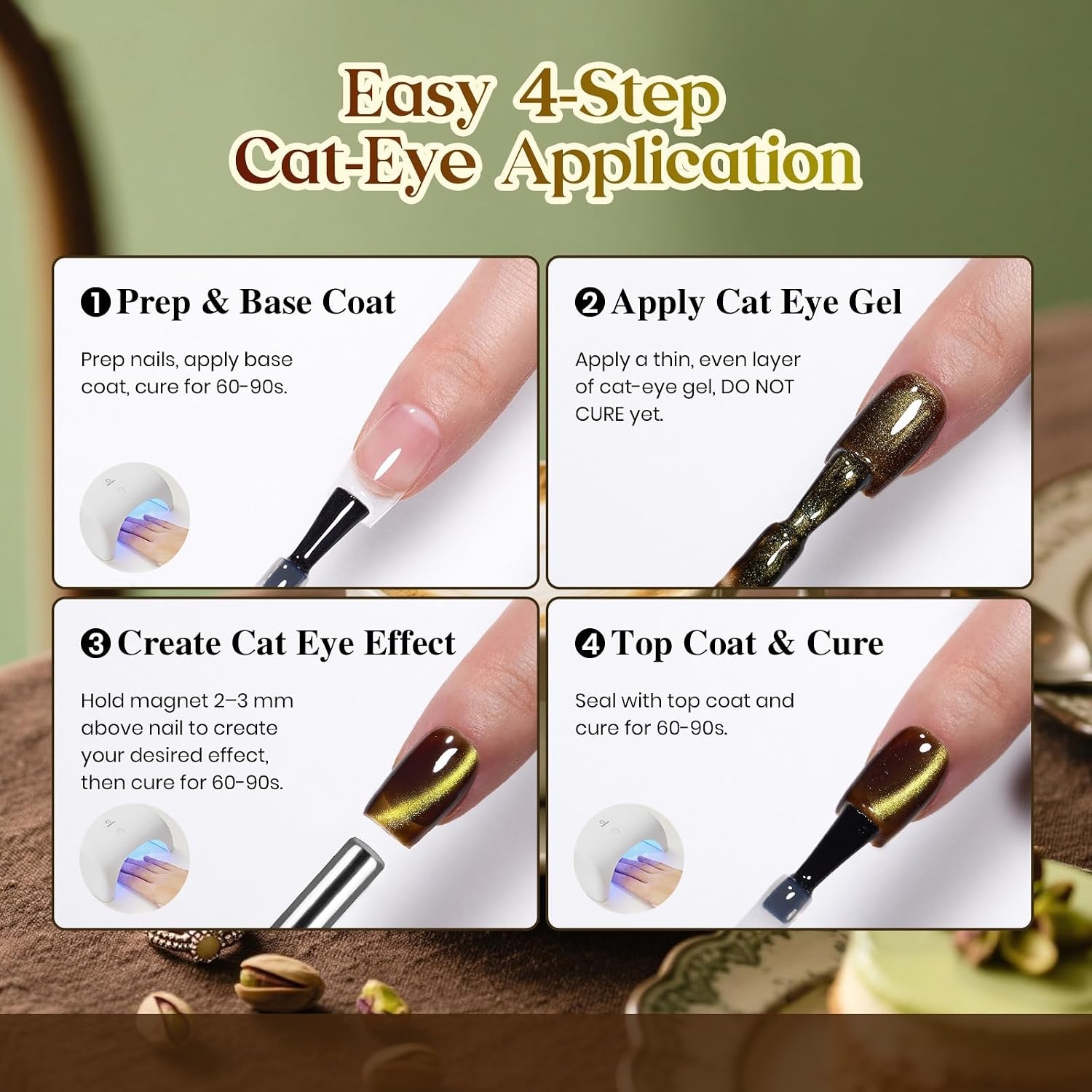 image:imageBeetles Pistachio Latte Cat Eye Gel Polish Brown Base Green Magnetic Glow 15ml Fall Brown Cat Eye Gel Green Magnetic Glass Shimmer Effect Soak Off UV Nail Polish for DIY Nail Art Salon ManicuresA Glassy Brown Gold Pistachio Latte
