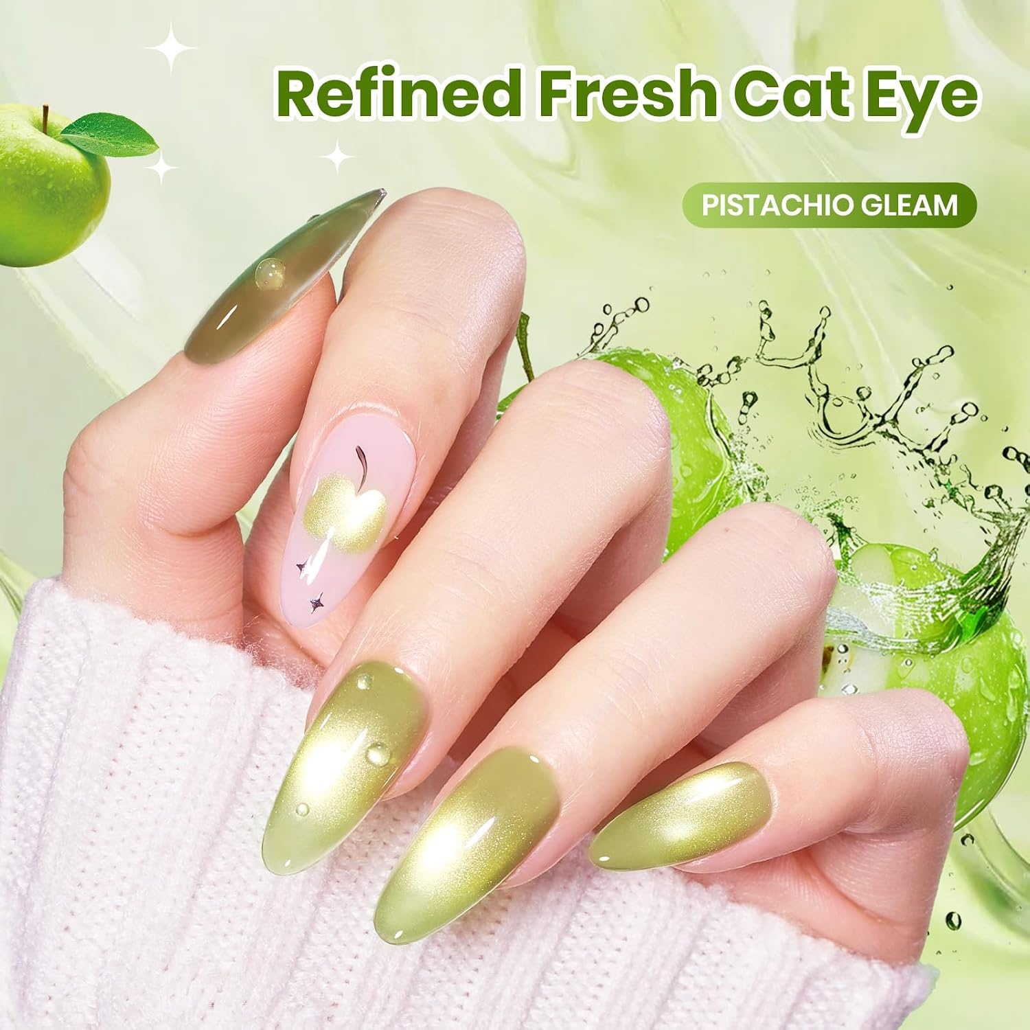 image:imageBeetles Pistachio Latte Cat Eye Gel Polish Brown Base Green Magnetic Glow 15ml Fall Brown Cat Eye Gel Green Magnetic Glass Shimmer Effect Soak Off UV Nail Polish for DIY Nail Art Salon ManicuresH Glassy Green Pistachio Gleam