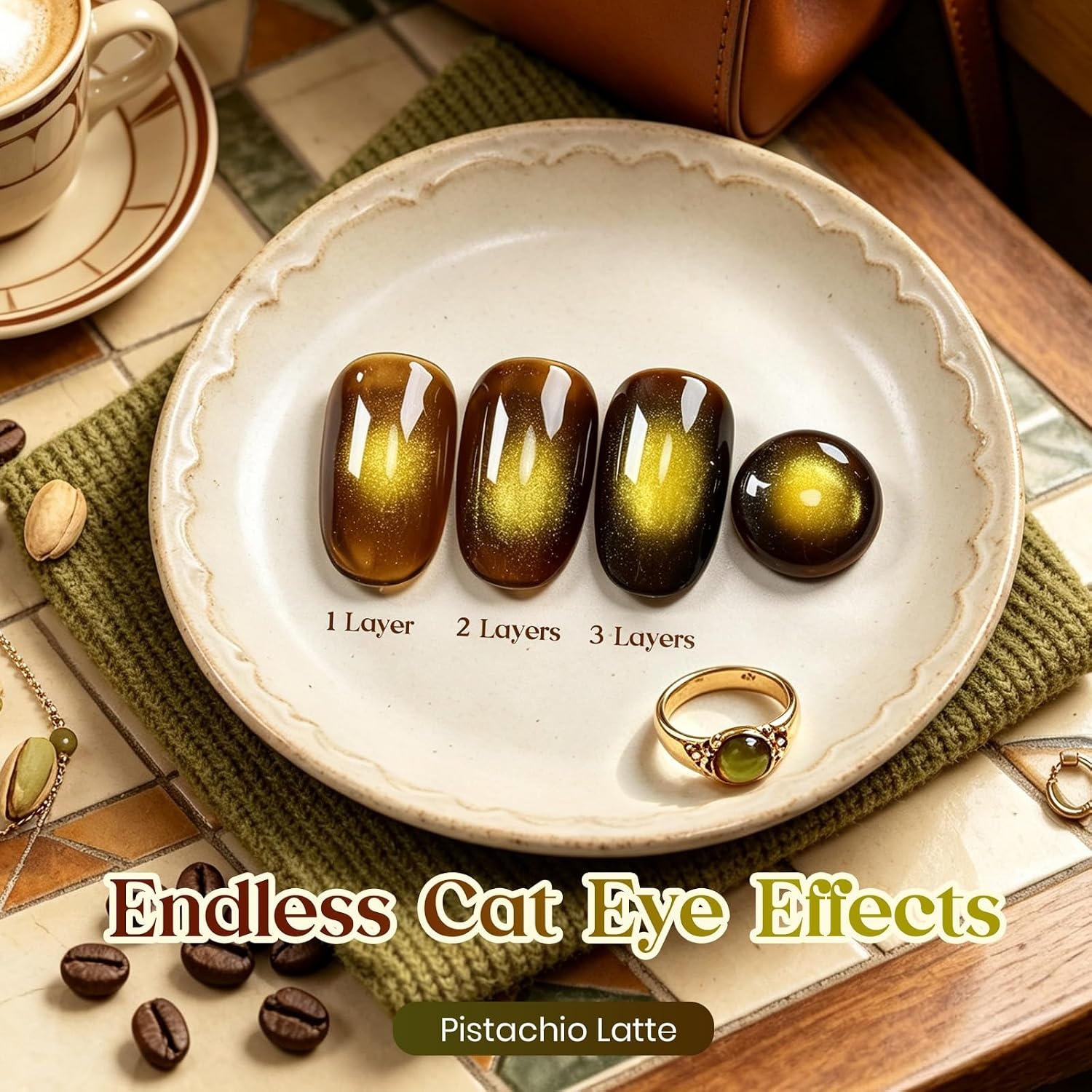 image:imageBeetles Pistachio Latte Cat Eye Gel Polish Brown Base Green Magnetic Glow 15ml Fall Brown Cat Eye Gel Green Magnetic Glass Shimmer Effect Soak Off UV Nail Polish for DIY Nail Art Salon ManicuresA Glassy Brown Gold Pistachio Latte