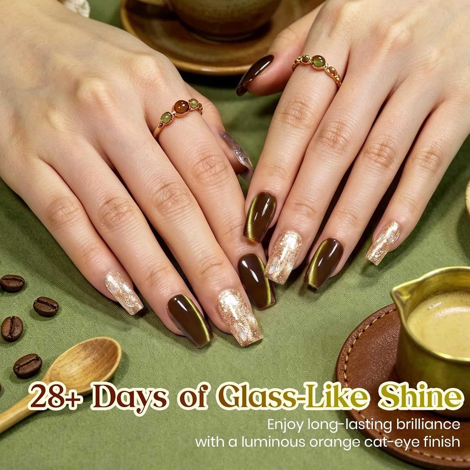 image:imageBeetles Pistachio Latte Cat Eye Gel Polish Brown Base Green Magnetic Glow 15ml Fall Brown Cat Eye Gel Green Magnetic Glass Shimmer Effect Soak Off UV Nail Polish for DIY Nail Art Salon ManicuresA Glassy Brown Gold Pistachio Latte