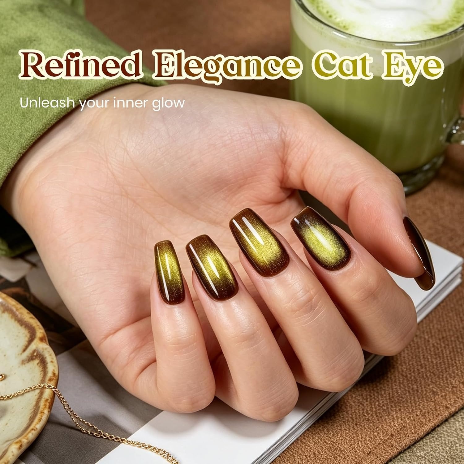 image:imageBeetles Pistachio Latte Cat Eye Gel Polish Brown Base Green Magnetic Glow 15ml Fall Brown Cat Eye Gel Green Magnetic Glass Shimmer Effect Soak Off UV Nail Polish for DIY Nail Art Salon ManicuresA Glassy Brown Gold Pistachio Latte