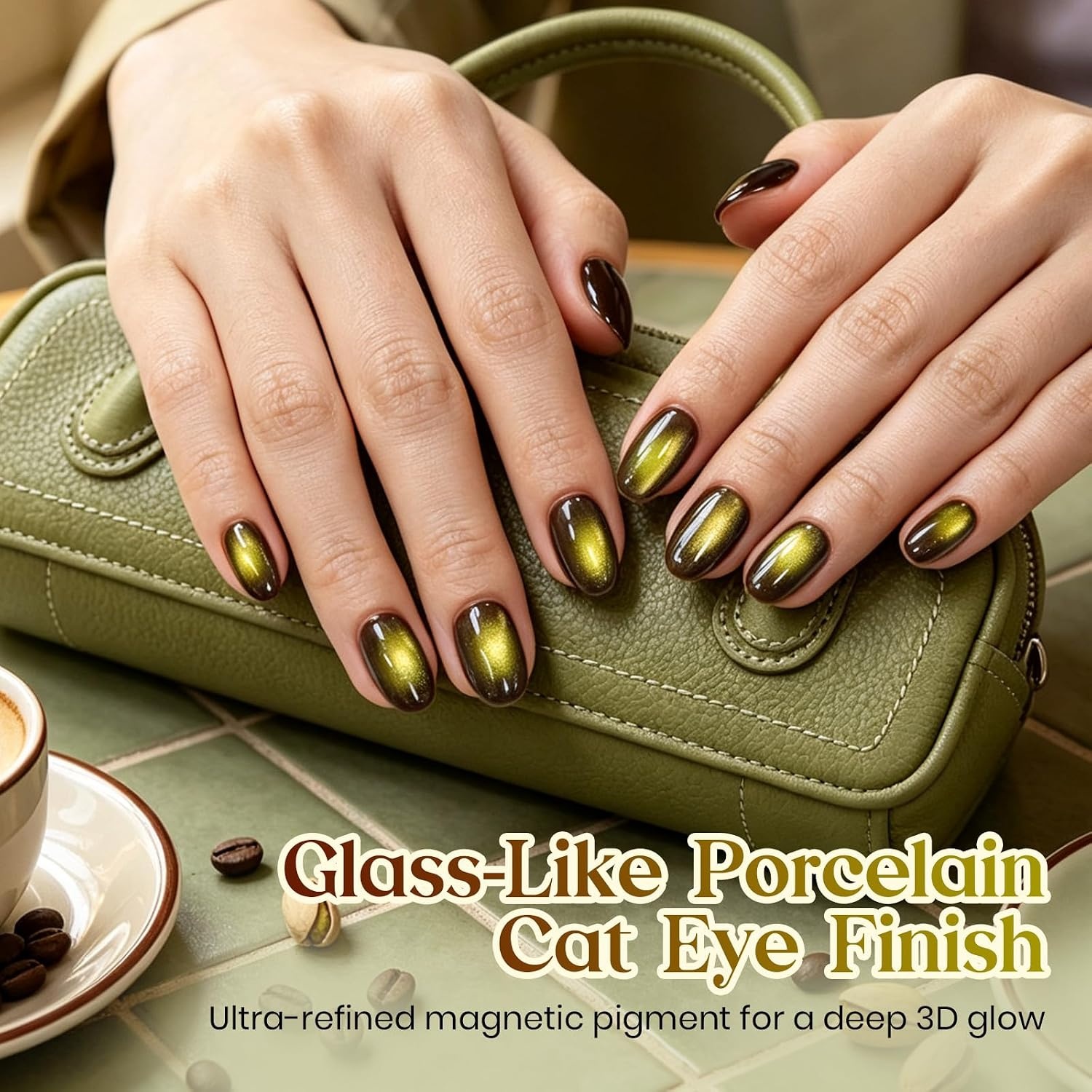 image:imageBeetles Pistachio Latte Cat Eye Gel Polish Brown Base Green Magnetic Glow 15ml Fall Brown Cat Eye Gel Green Magnetic Glass Shimmer Effect Soak Off UV Nail Polish for DIY Nail Art Salon ManicuresA Glassy Brown Gold Pistachio Latte
