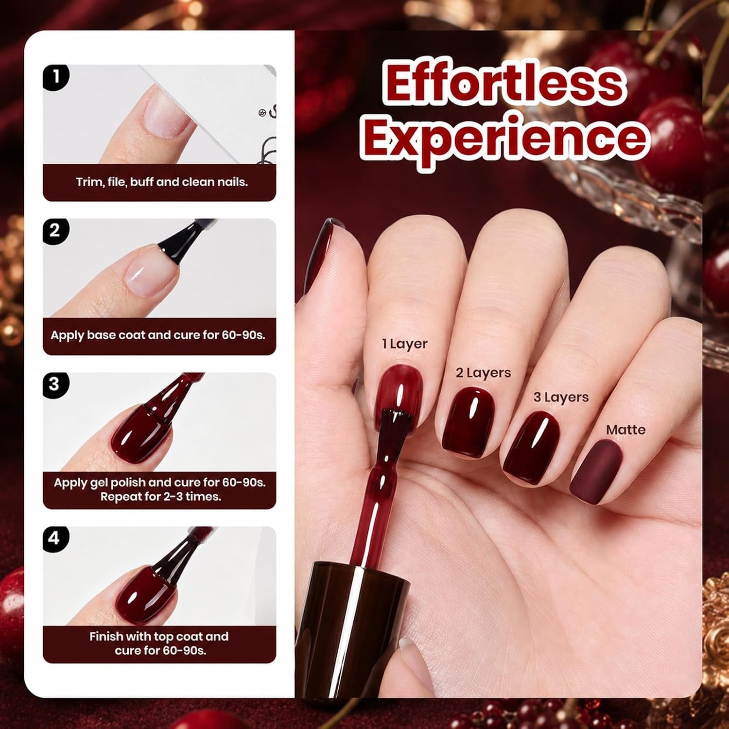 image:imageBeetles Pistachio Latte Cat Eye Gel Polish Brown Base Green Magnetic Glow 15ml Fall Brown Cat Eye Gel Green Magnetic Glass Shimmer Effect Soak Off UV Nail Polish for DIY Nail Art Salon ManicuresA Sheer Dark Red Cherry Allure