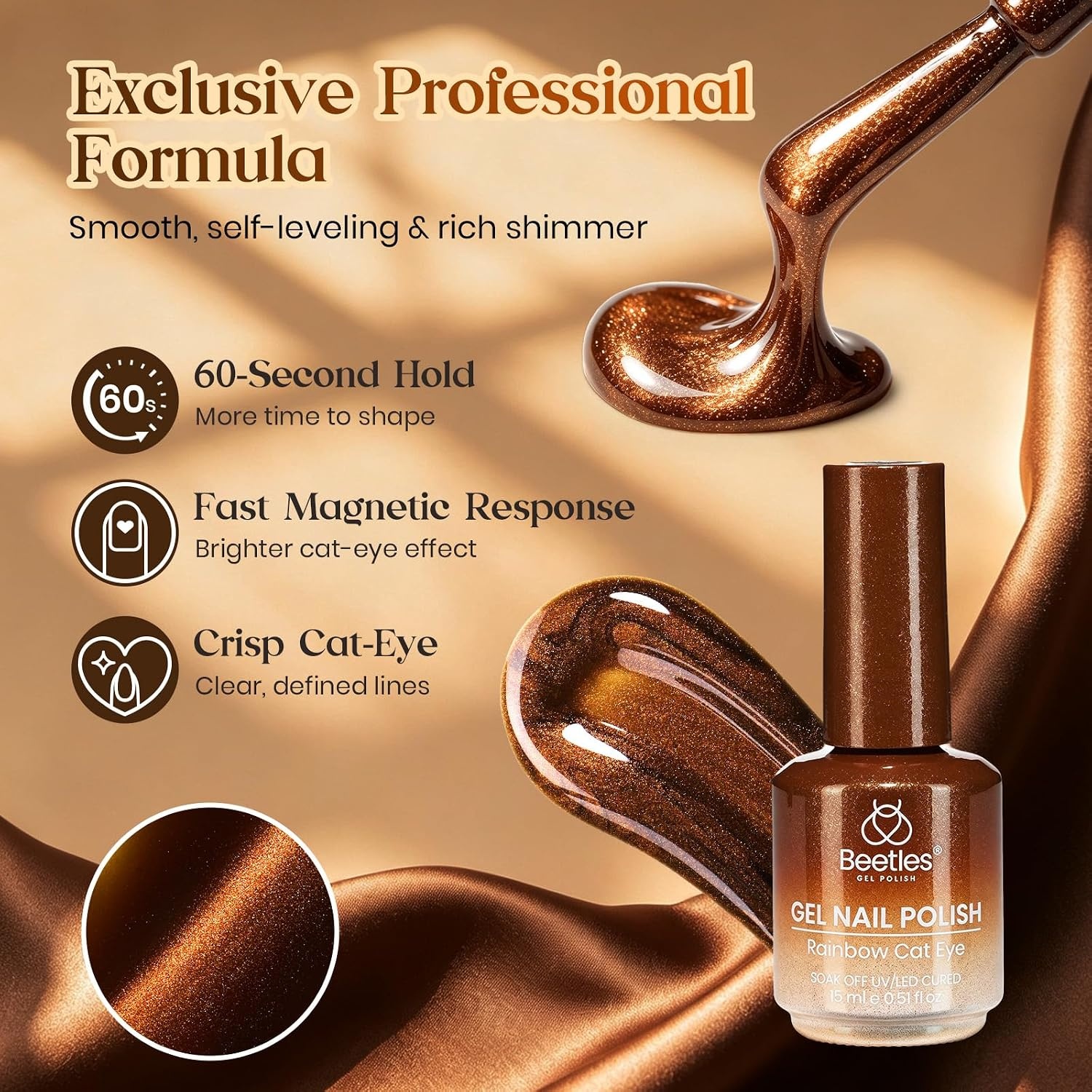 image:imageBeetles Pistachio Latte Cat Eye Gel Polish Brown Base Green Magnetic Glow 15ml Fall Brown Cat Eye Gel Green Magnetic Glass Shimmer Effect Soak Off UV Nail Polish for DIY Nail Art Salon ManicuresA Glassy Cat Eye Vintage Amber