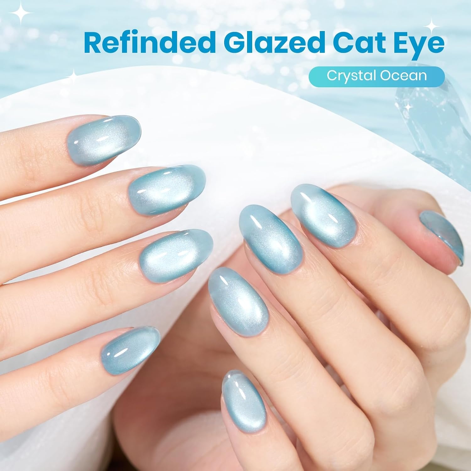 image:imageBeetles Pistachio Latte Cat Eye Gel Polish Brown Base Green Magnetic Glow 15ml Fall Brown Cat Eye Gel Green Magnetic Glass Shimmer Effect Soak Off UV Nail Polish for DIY Nail Art Salon ManicuresA Glassy Blue Cat Eye Crystal Ocean