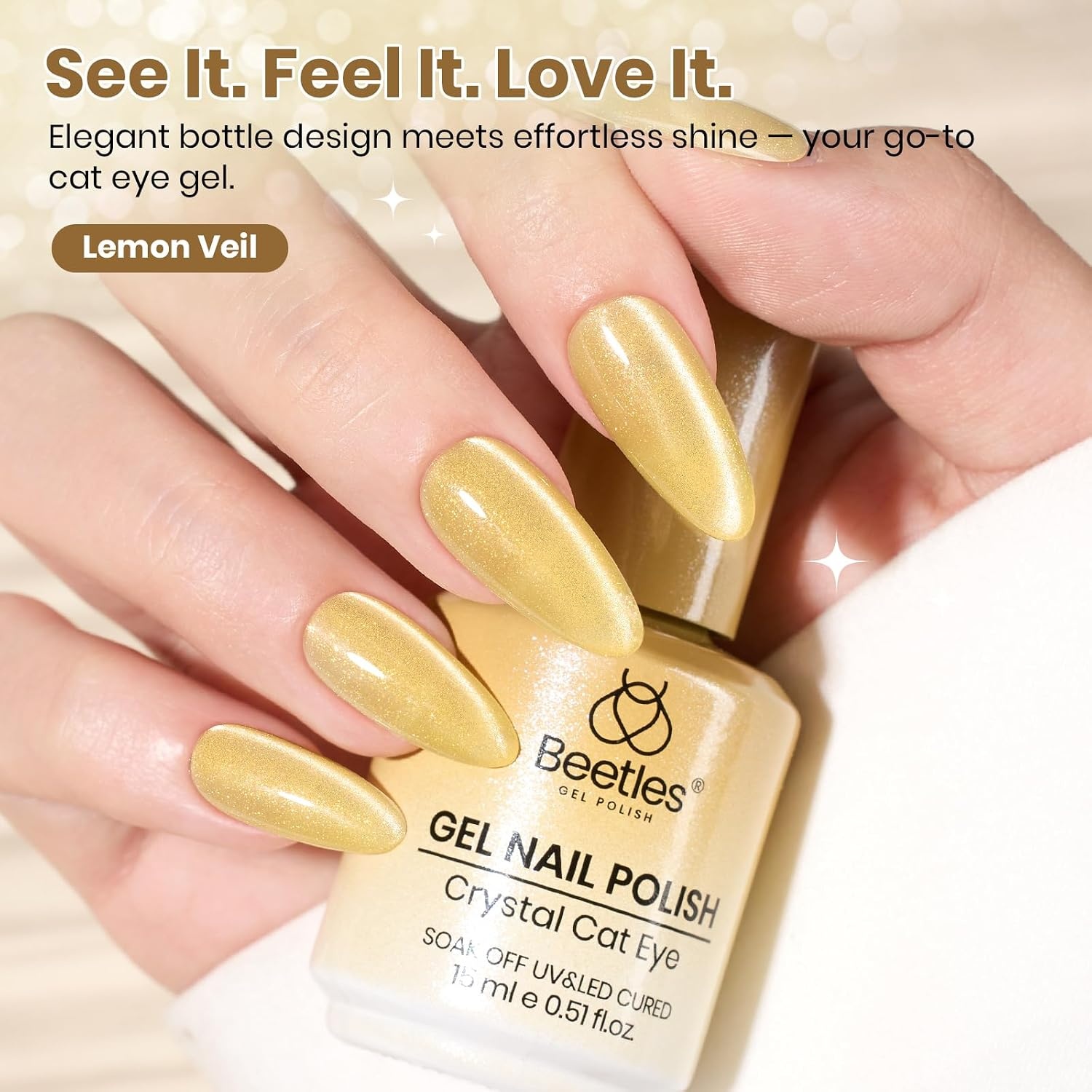 image:imageBeetles Pistachio Latte Cat Eye Gel Polish Brown Base Green Magnetic Glow 15ml Fall Brown Cat Eye Gel Green Magnetic Glass Shimmer Effect Soak Off UV Nail Polish for DIY Nail Art Salon ManicuresK Velvet Yellow Lemon Veil