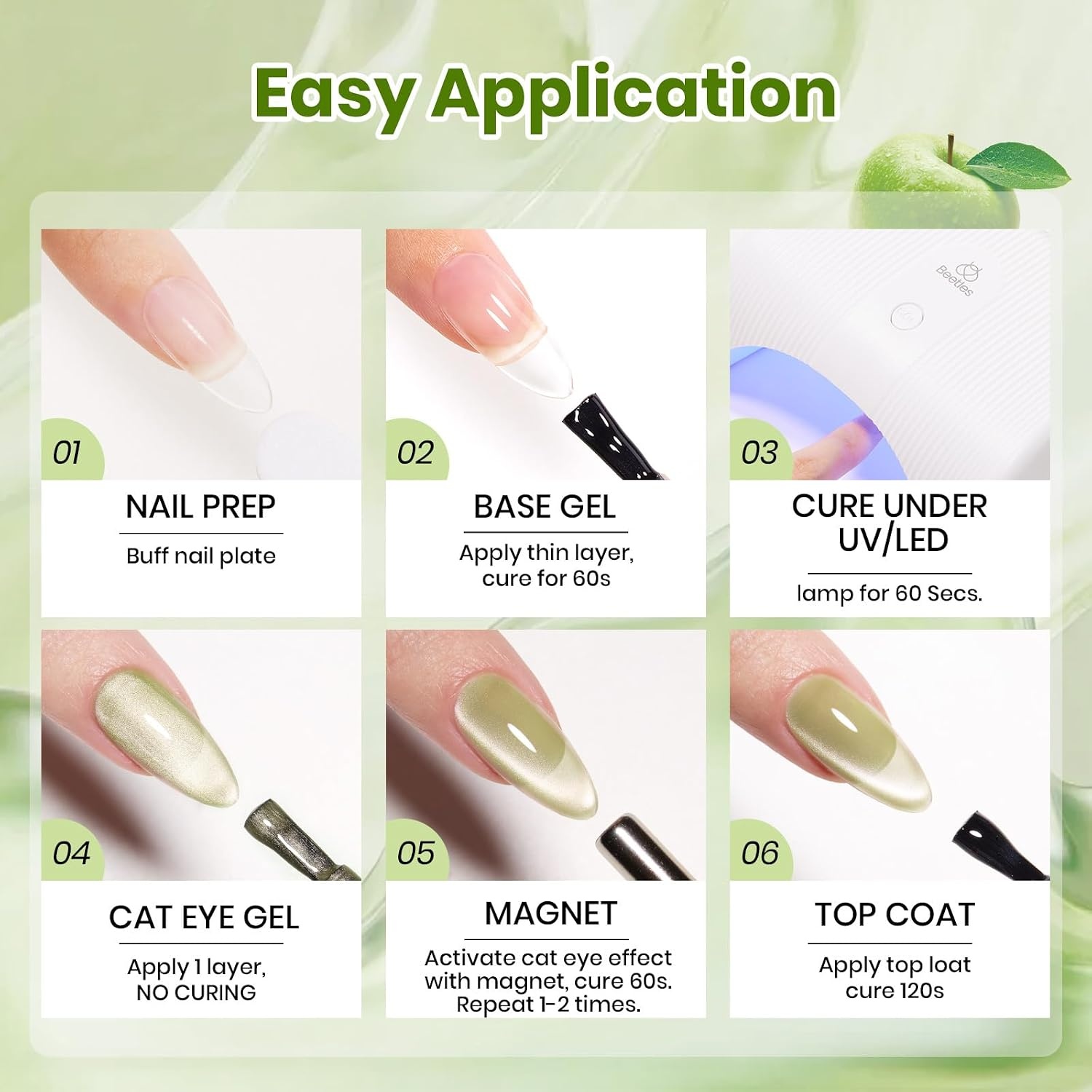 image:imageBeetles Pistachio Latte Cat Eye Gel Polish Brown Base Green Magnetic Glow 15ml Fall Brown Cat Eye Gel Green Magnetic Glass Shimmer Effect Soak Off UV Nail Polish for DIY Nail Art Salon ManicuresH Glassy Green Pistachio Gleam