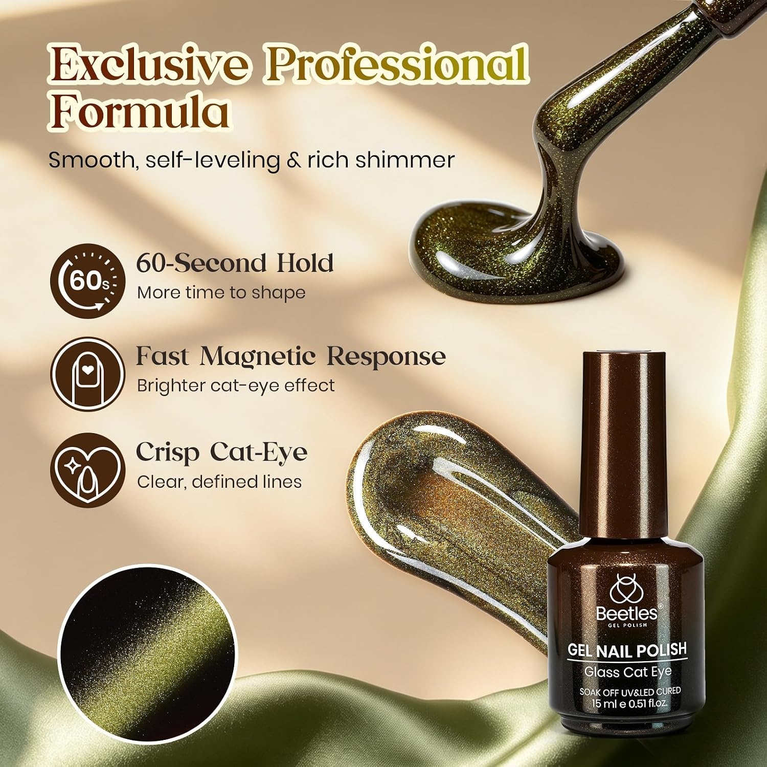 image:imageBeetles Pistachio Latte Cat Eye Gel Polish Brown Base Green Magnetic Glow 15ml Fall Brown Cat Eye Gel Green Magnetic Glass Shimmer Effect Soak Off UV Nail Polish for DIY Nail Art Salon ManicuresA Glassy Brown Gold Pistachio Latte