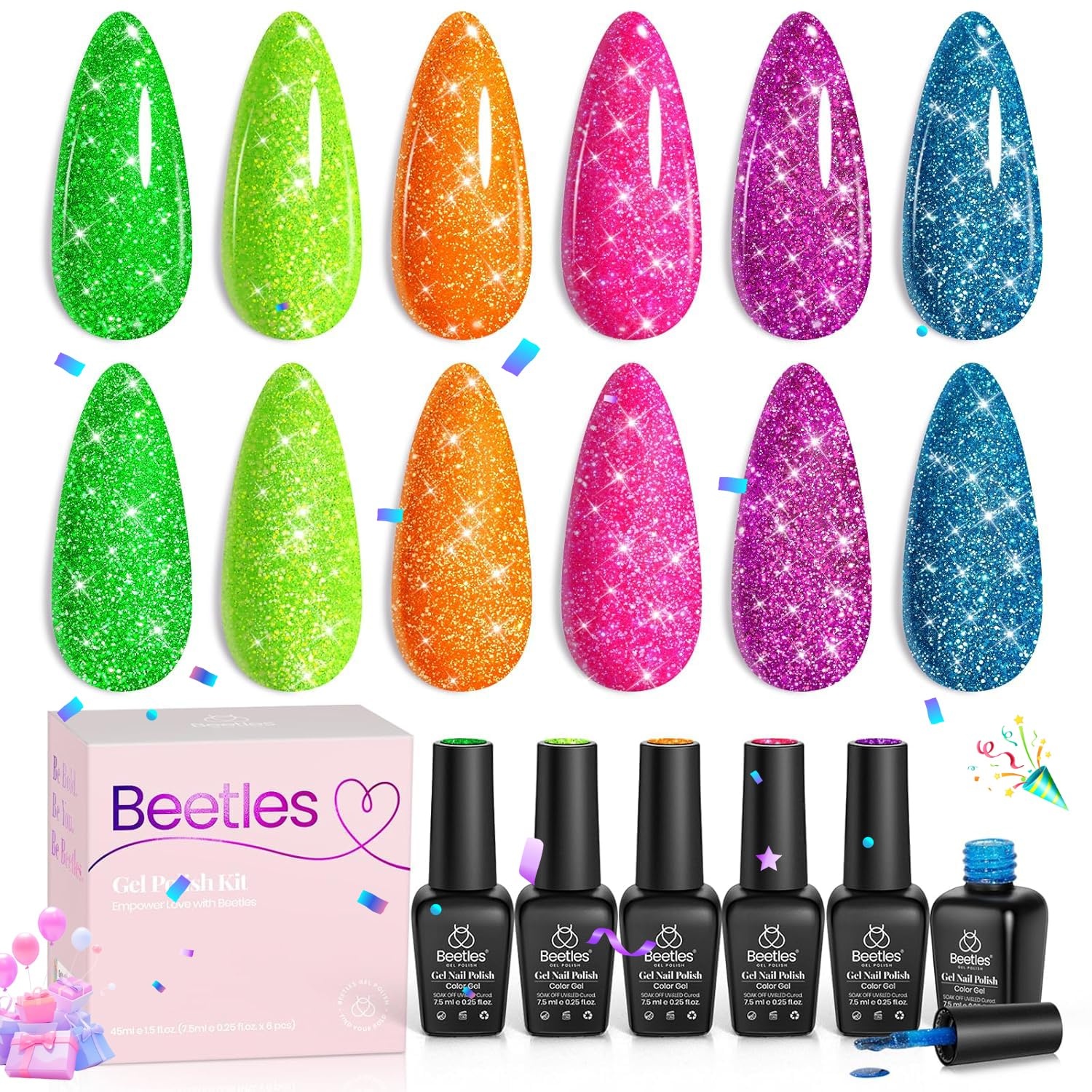 image:imageBeetles Purple Gel Nail Polish Set 6 Colors Nude Deep Purple Pink Glitter Gel Polish Confetti Collection Soak Off Uv Led Nail Art Manicure Kit Gifts for WomenD Flakie Neon Carnival