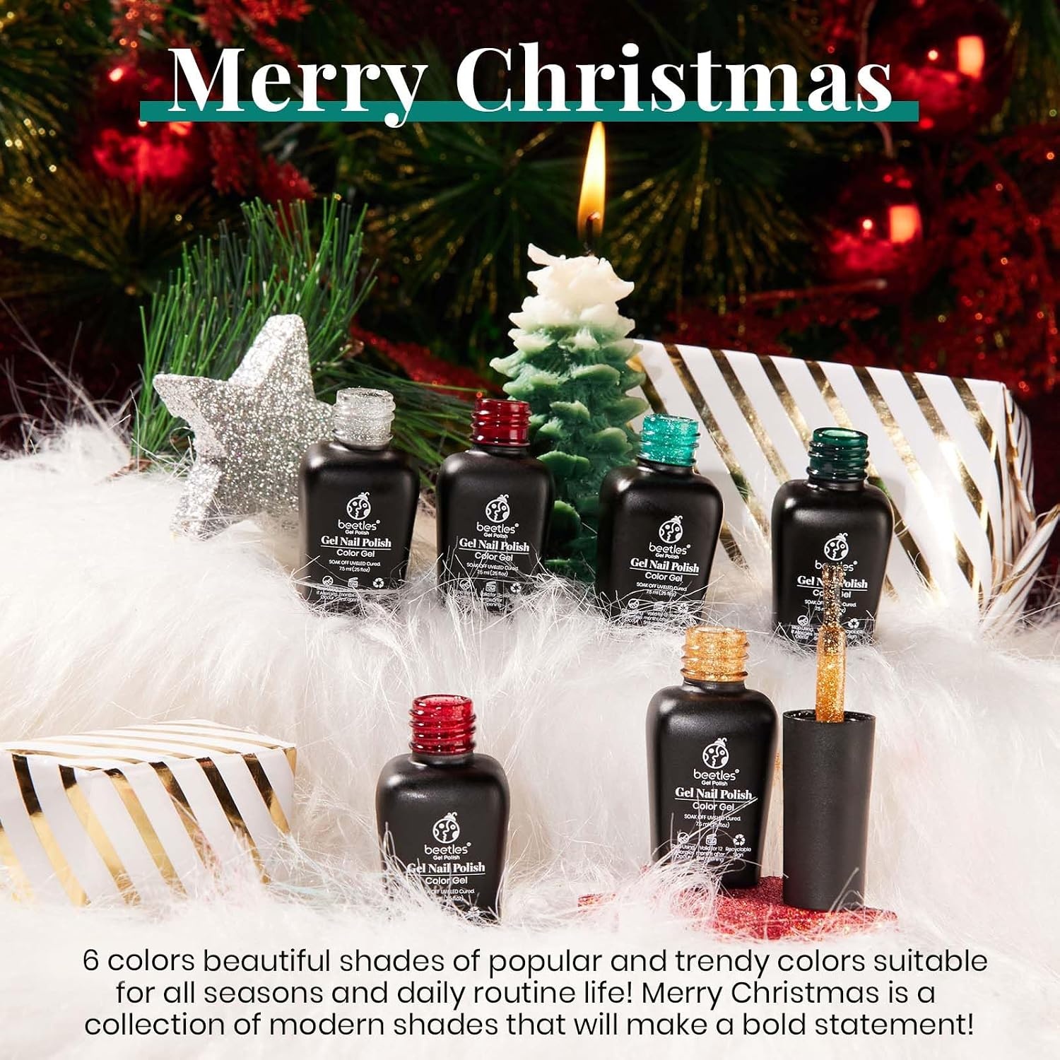 image:imageBeetles Purple Gel Nail Polish Set 6 Colors Nude Deep Purple Pink Glitter Gel Polish Confetti Collection Soak Off Uv Led Nail Art Manicure Kit Gifts for Women00Under the Mistletoe