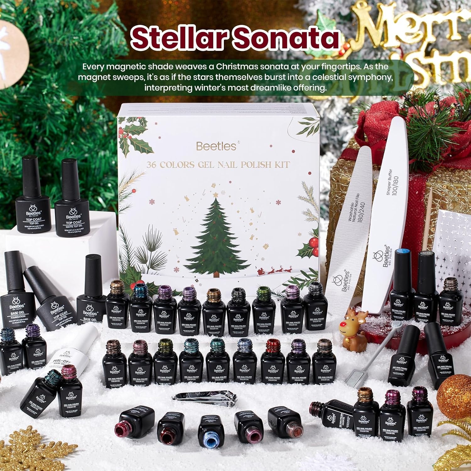 image:imageBeetles Stellar Sonata Cat Eye Gel Nail Polish Set 36 Colors Christmas Gel Nail Kit Magnetic Red Green Purple Brown Burgundy Base Glossy Matte Top Coat Soak off UV Salon Nail Art Gift for Women000Stellar Sonata