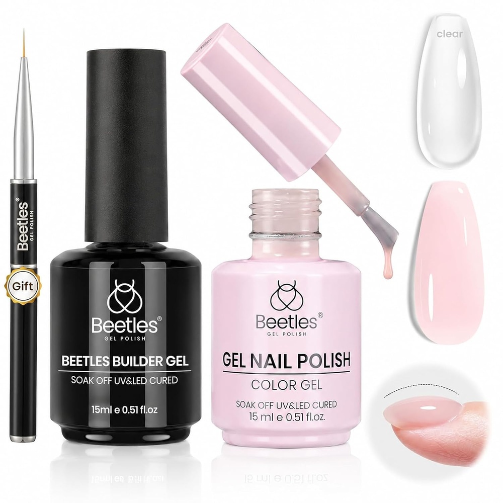 image:imageBeetles Builder Gel for Nails HEMAFree 15 ML 7 in 1 Pink Glitter Builder Nail Gel for Nail Instant Apex amp Nail Extension Builder Strengthening Nail Art Design for Beginner WomenUV amp LED Lamp NeededA Clear Milky Pink Kit 2 x 15 mL