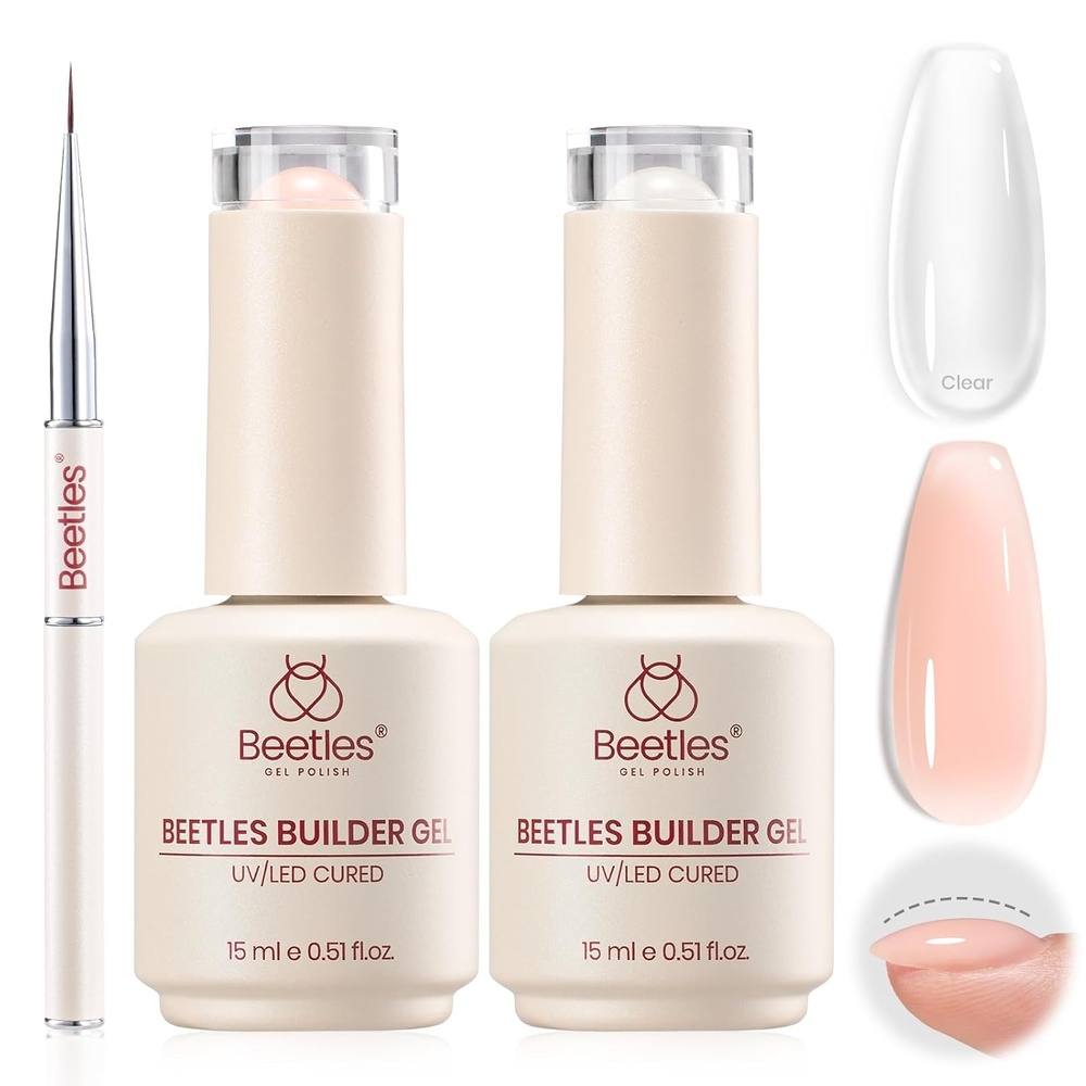 image:imageBeetles Builder Gel for Nails HEMAFree 15 ML 7 in 1 Pink Glitter Builder Nail Gel for Nail Instant Apex amp Nail Extension Builder Strengthening Nail Art Design for Beginner WomenUV amp LED Lamp NeededA Clear Nude Kit 2 x 15 mL