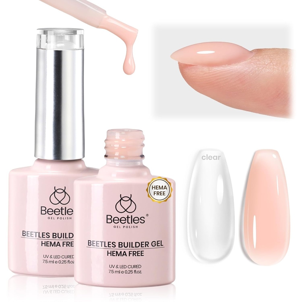 image:imageBeetles Builder Gel for Nails HEMAFree 15 ML 7 in 1 Pink Glitter Builder Nail Gel for Nail Instant Apex amp Nail Extension Builder Strengthening Nail Art Design for Beginner WomenUV amp LED Lamp NeededB Clear Nude HEMAFree 2 x 75 mL