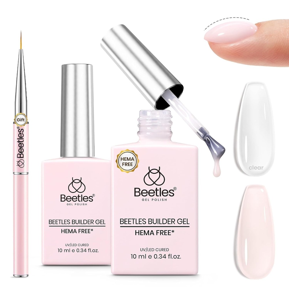 image:imageBeetles Builder Gel for Nails HEMAFree 15 ML 7 in 1 Pink Glitter Builder Nail Gel for Nail Instant Apex amp Nail Extension Builder Strengthening Nail Art Design for Beginner WomenUV amp LED Lamp NeededB Clear Sheer Pink HEMAFree 2 x 10 mL