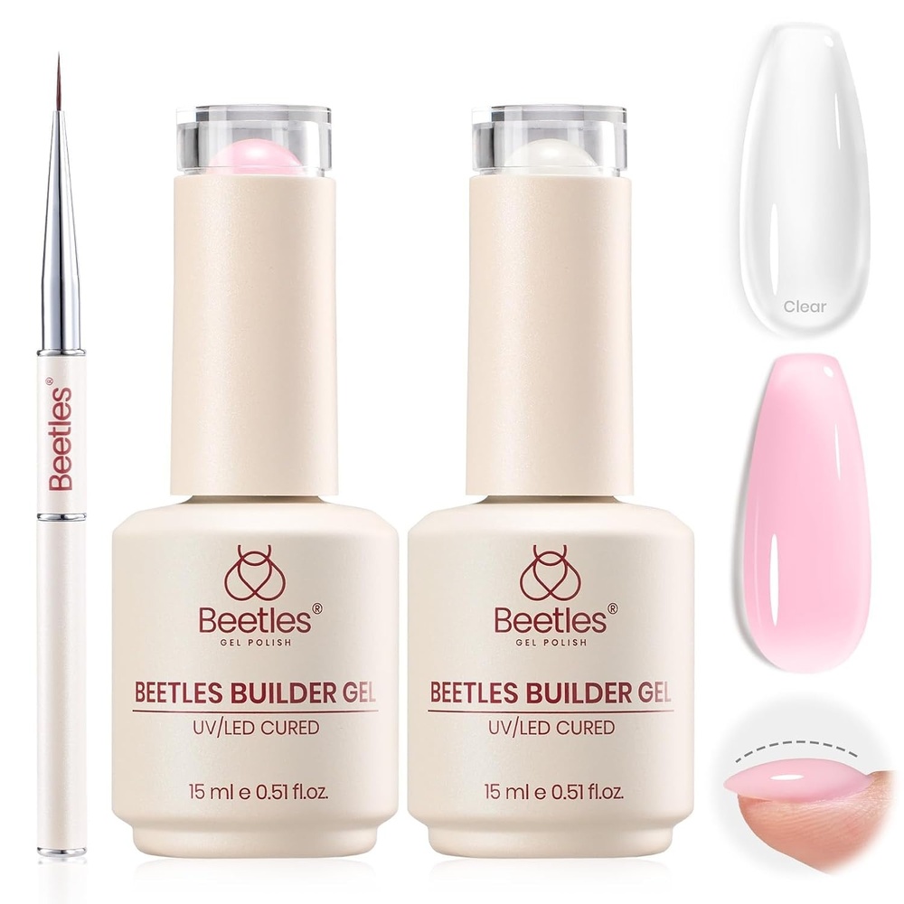 image:imageBeetles Builder Gel for Nails HEMAFree 15 ML 7 in 1 Pink Glitter Builder Nail Gel for Nail Instant Apex amp Nail Extension Builder Strengthening Nail Art Design for Beginner WomenUV amp LED Lamp NeededA Clear Pink 2 x 15 mL