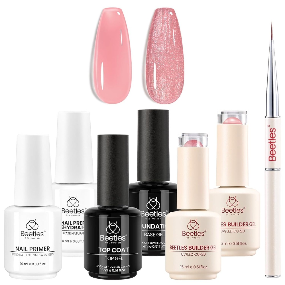 image:imageBeetles Builder Gel for Nails HEMAFree 15 ML 7 in 1 Pink Glitter Builder Nail Gel for Nail Instant Apex amp Nail Extension Builder Strengthening Nail Art Design for Beginner WomenUV amp LED Lamp NeededA Glitter Rose Pink Builder Starter Kit