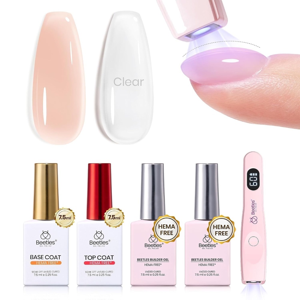 image:imageBeetles Builder Gel for Nails HEMAFree 15 ML 7 in 1 Pink Glitter Builder Nail Gel for Nail Instant Apex amp Nail Extension Builder Strengthening Nail Art Design for Beginner WomenUV amp LED Lamp Needed2 A CLear Nude HEMAFree Starter Kit