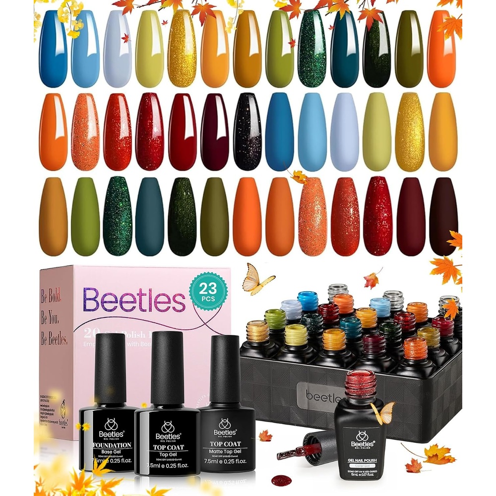 image:imageBeetles Gel Nail Polish Set 20 Colors Yellow Orange Burgundy Red Brown Black Green Gel Nail Polish Kit with Glossy Matte Gel Top Base Coat Soak Off Uv Manicure Gift for Women00 Fall Festival