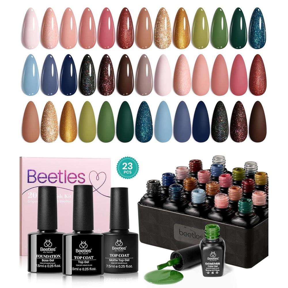 image:imageBeetles Gel Nail Polish Set 20 Colors Yellow Orange Burgundy Red Brown Black Green Gel Nail Polish Kit with Glossy Matte Gel Top Base Coat Soak Off Uv Manicure Gift for Women00 20 Colors Songs for Nature