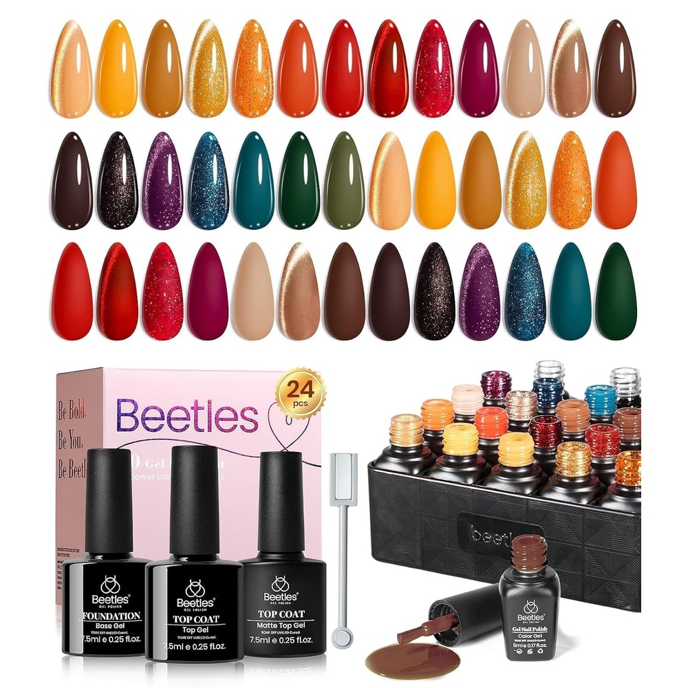 image:imageBeetles Gel Nail Polish Set 20 Colors Yellow Orange Burgundy Red Brown Black Green Gel Nail Polish Kit with Glossy Matte Gel Top Base Coat Soak Off Uv Manicure Gift for Women00 Amber Twilight