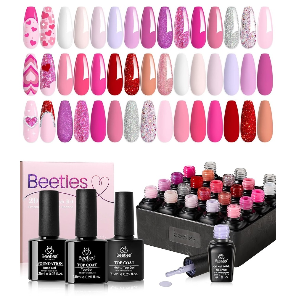 image:imageBeetles Gel Nail Polish Set 20 Colors Yellow Orange Burgundy Red Brown Black Green Gel Nail Polish Kit with Glossy Matte Gel Top Base Coat Soak Off Uv Manicure Gift for Women00 Alluring Sweetie