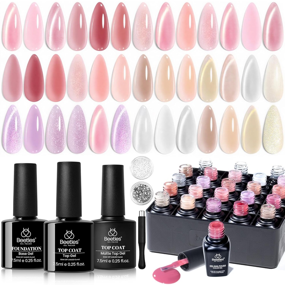 image:imageBeetles Gel Nail Polish Set 20 Colors Yellow Orange Burgundy Red Brown Black Green Gel Nail Polish Kit with Glossy Matte Gel Top Base Coat Soak Off Uv Manicure Gift for Women20 colors Glowy Grace