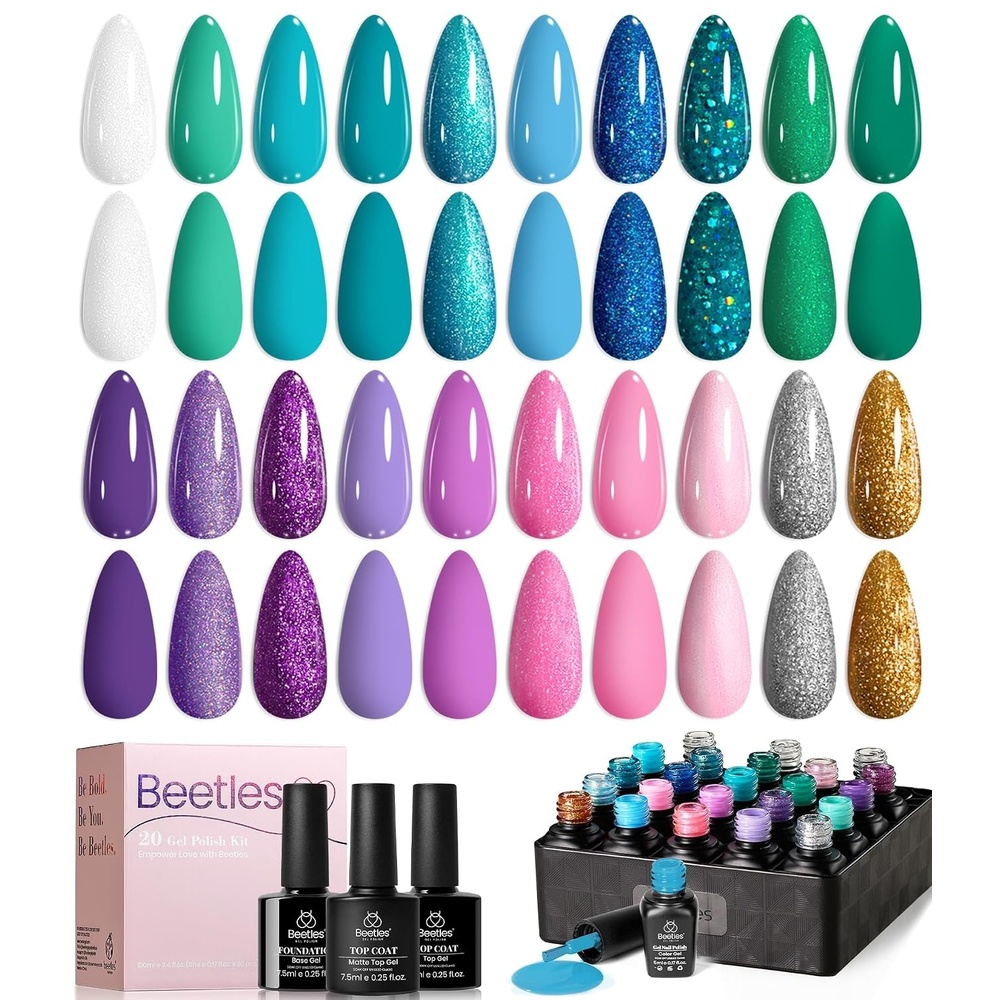 image:imageBeetles Gel Nail Polish Set 20 Colors Yellow Orange Burgundy Red Brown Black Green Gel Nail Polish Kit with Glossy Matte Gel Top Base Coat Soak Off Uv Manicure Gift for Women20 Colors Mermaid Mantra