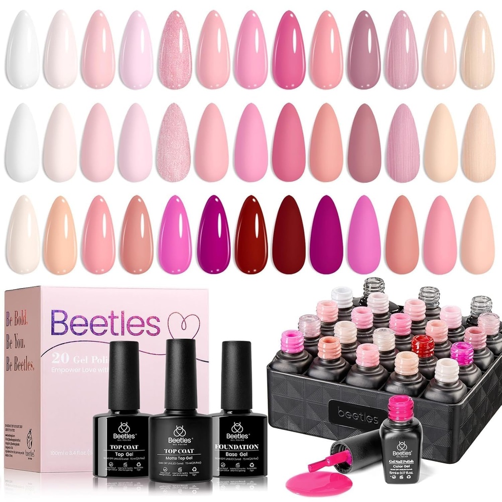 image:imageBeetles Gel Nail Polish Set 20 Colors Yellow Orange Burgundy Red Brown Black Green Gel Nail Polish Kit with Glossy Matte Gel Top Base Coat Soak Off Uv Manicure Gift for WomenDare to Bare