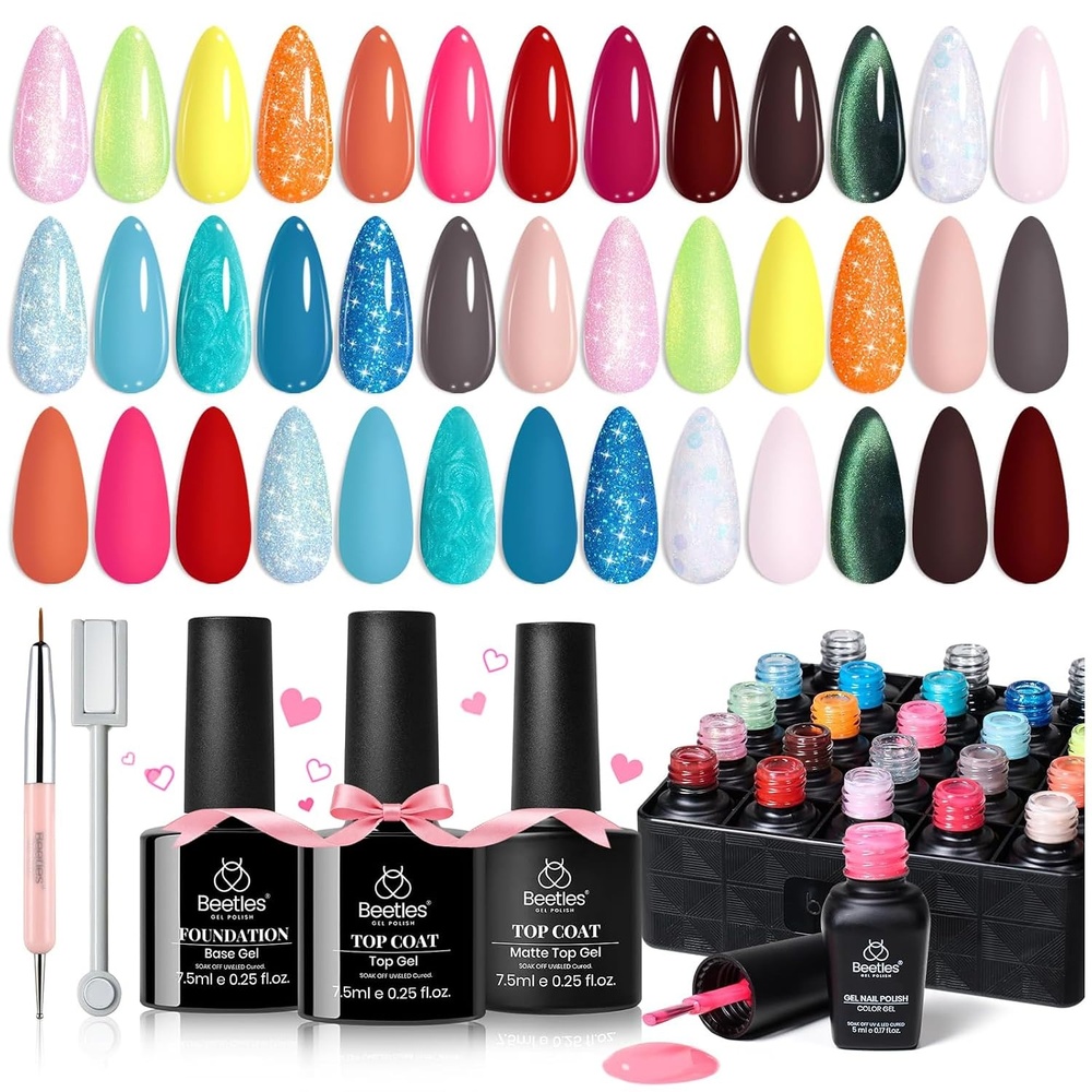 image:imageBeetles Gel Nail Polish Set 20 Colors Yellow Orange Burgundy Red Brown Black Green Gel Nail Polish Kit with Glossy Matte Gel Top Base Coat Soak Off Uv Manicure Gift for WomenBeach Bash