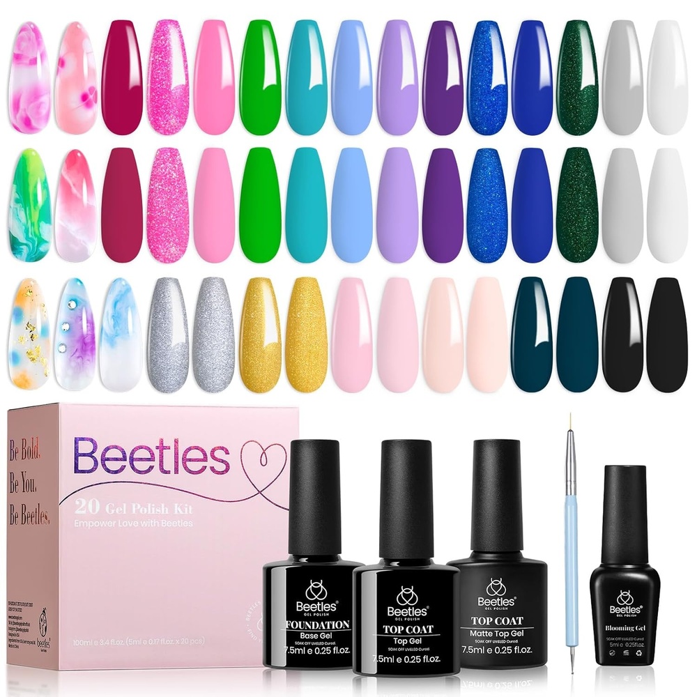 image:imageBeetles Gel Nail Polish Set 20 Colors Yellow Orange Burgundy Red Brown Black Green Gel Nail Polish Kit with Glossy Matte Gel Top Base Coat Soak Off Uv Manicure Gift for Women320 Lightyears Away