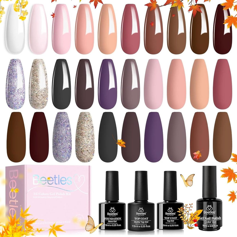 image:imageBeetles Gel Nail Polish Set 20 Colors Yellow Orange Burgundy Red Brown Black Green Gel Nail Polish Kit with Glossy Matte Gel Top Base Coat Soak Off Uv Manicure Gift for WomenNatural Charm