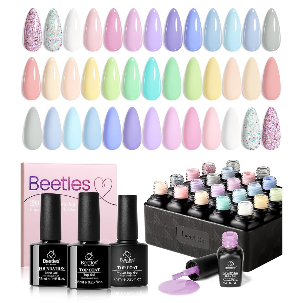 image:imageBeetles Gel Nail Polish Set 20 Colors Yellow Orange Burgundy Red Brown Black Green Gel Nail Polish Kit with Glossy Matte Gel Top Base Coat Soak Off Uv Manicure Gift for WomenPastel Paradise