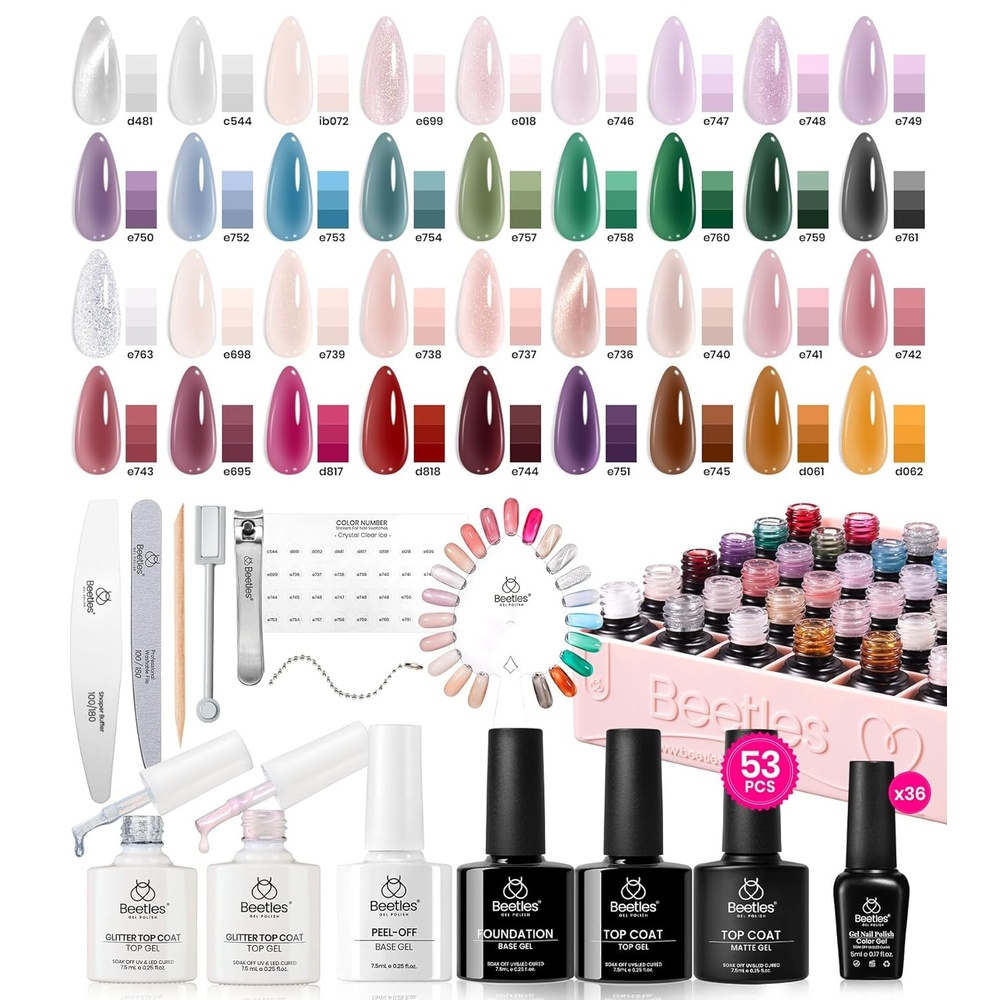 image:imageBeetles Gel Nail Polish Set 44 PCS Brown Nude Burgundy Gel Polish Nails Fairytale Town Collection with 4Pcs Base Glitter Matte Glossy Top Coat Soak off Uv Gel DIY Manicure000Crystal Ice