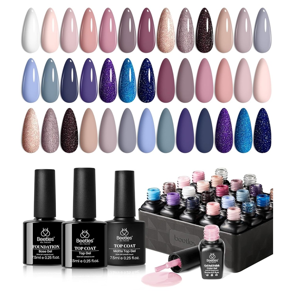 image:imageBeetles Gel Nail Polish Set 44 PCS Brown Nude Burgundy Gel Polish Nails Fairytale Town Collection with 4Pcs Base Glitter Matte Glossy Top Coat Soak off Uv Gel DIY ManicureGirls Night