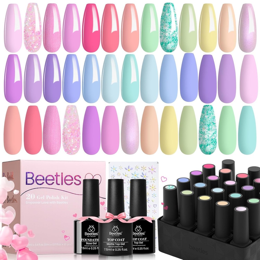 image:imageBeetles Gel Nail Polish Set 44 PCS Brown Nude Burgundy Gel Polish Nails Fairytale Town Collection with 4Pcs Base Glitter Matte Glossy Top Coat Soak off Uv Gel DIY ManicurePastel Paradise 20 Colors