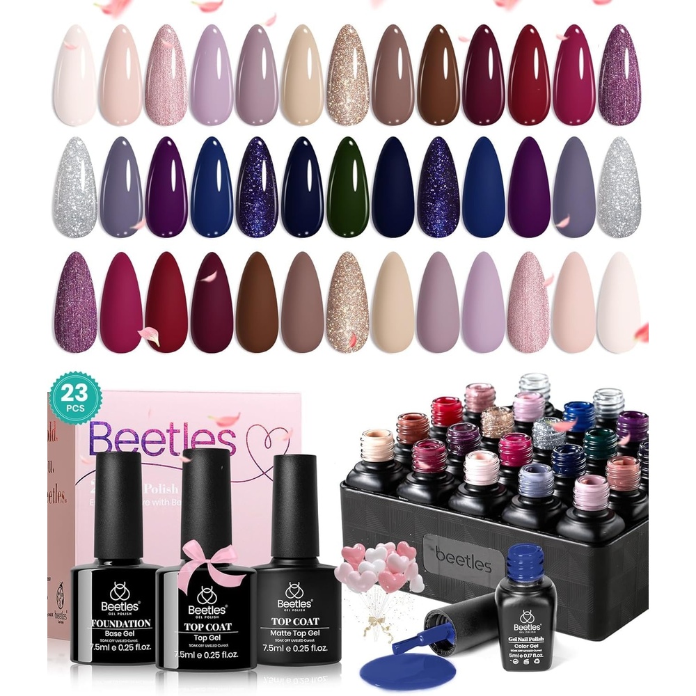 image:imageBeetles Gel Nail Polish Set 44 PCS Brown Nude Burgundy Gel Polish Nails Fairytale Town Collection with 4Pcs Base Glitter Matte Glossy Top Coat Soak off Uv Gel DIY Manicure00 20 Colors Sophisticated Charm