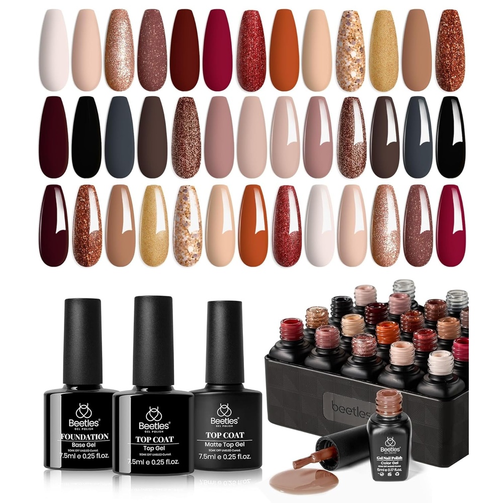 image:imageBeetles Gel Nail Polish Set 44 PCS Brown Nude Burgundy Gel Polish Nails Fairytale Town Collection with 4Pcs Base Glitter Matte Glossy Top Coat Soak off Uv Gel DIY Manicure00 20 Colors Verse of Roses