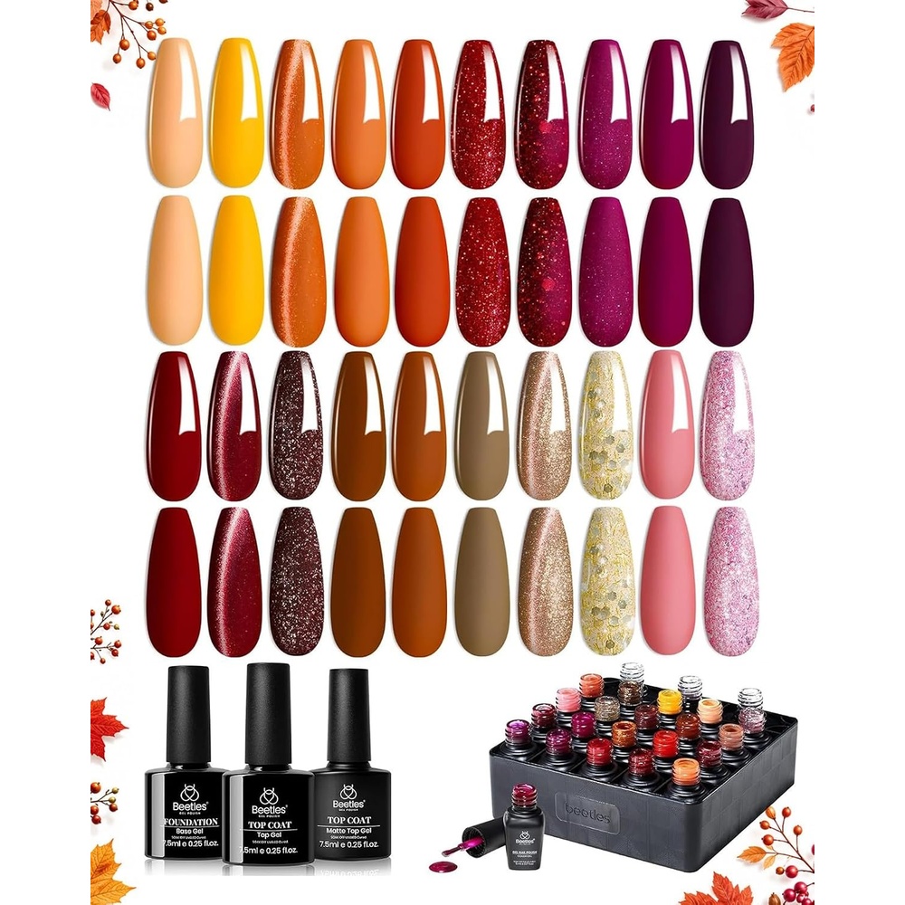 image:imageBeetles Gel Nail Polish Set 44 PCS Brown Nude Burgundy Gel Polish Nails Fairytale Town Collection with 4Pcs Base Glitter Matte Glossy Top Coat Soak off Uv Gel DIY Manicure00 Autumn Aura