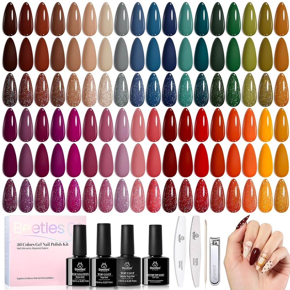 image:imageBeetles Gel Nail Polish Set 44 PCS Brown Nude Burgundy Gel Polish Nails Fairytale Town Collection with 4Pcs Base Glitter Matte Glossy Top Coat Soak off Uv Gel DIY ManicureWaltz of Leaves