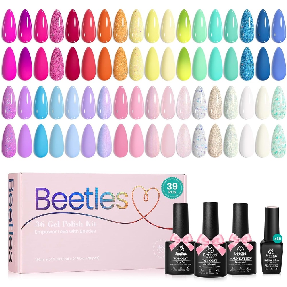 image:imageBeetles Gel Polish Set 39Pcs Red Burgundy Blue Green Nude Pink Purple Gel Nail Polish with Base Top Coat for Manicure Lovers DIY at Home UV LED Needed Gift for Women Enchanted JewelryColorful Candies