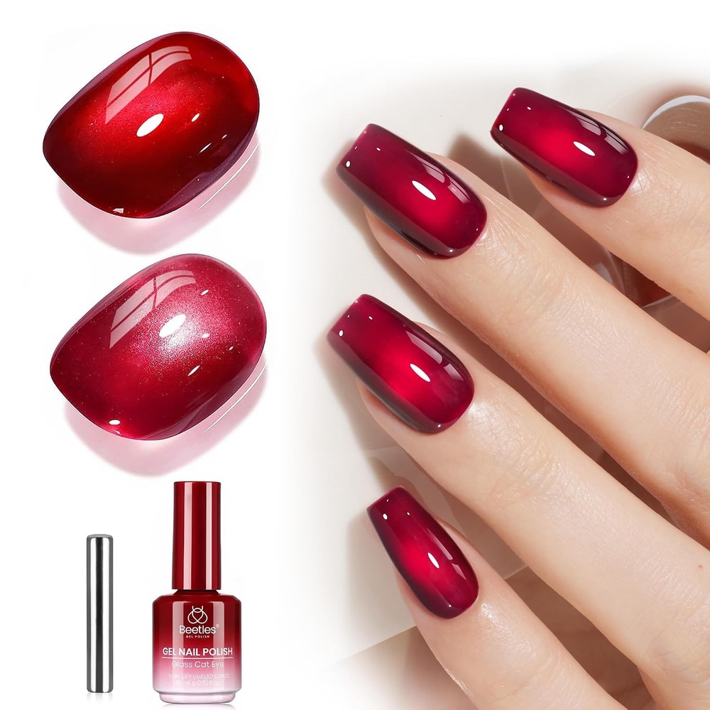 image:imageBeetles Pistachio Latte Cat Eye Gel Polish Brown Base Green Magnetic Glow 15ml Fall Brown Cat Eye Gel Green Magnetic Glass Shimmer Effect Soak Off UV Nail Polish for DIY Nail Art Salon ManicuresA Glassy Red WineStained Cherry