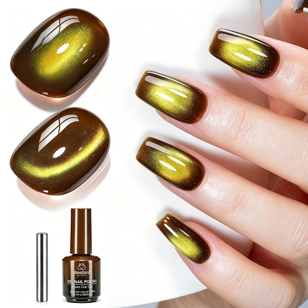 image:imageBeetles Pistachio Latte Cat Eye Gel Polish Brown Base Green Magnetic Glow 15ml Fall Brown Cat Eye Gel Green Magnetic Glass Shimmer Effect Soak Off UV Nail Polish for DIY Nail Art Salon ManicuresA Glassy Brown Gold Pistachio Latte