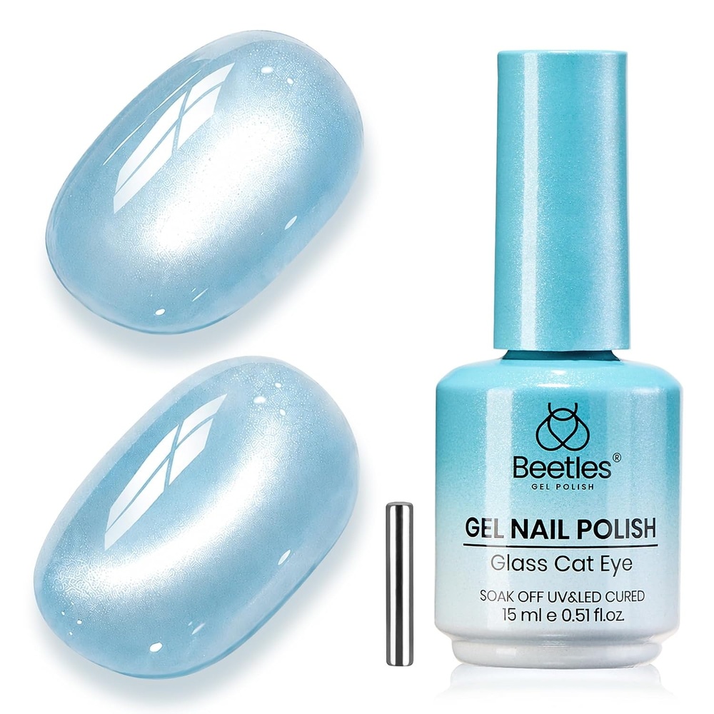 image:imageBeetles Pistachio Latte Cat Eye Gel Polish Brown Base Green Magnetic Glow 15ml Fall Brown Cat Eye Gel Green Magnetic Glass Shimmer Effect Soak Off UV Nail Polish for DIY Nail Art Salon ManicuresA Glassy Blue Cat Eye Crystal Ocean