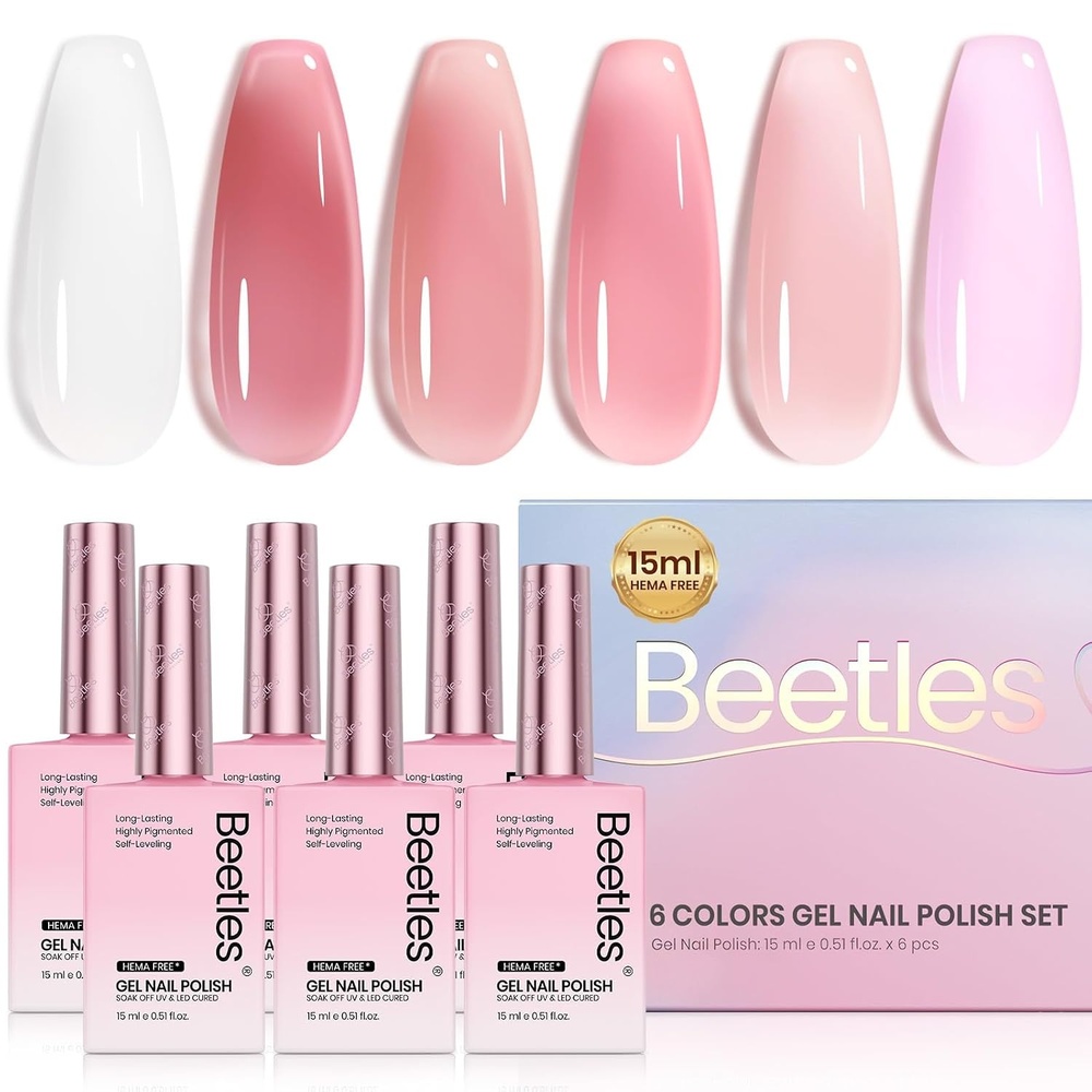 image:imageBeetles Purple Gel Nail Polish Set 6 Colors Nude Deep Purple Pink Glitter Gel Polish Confetti Collection Soak Off Uv Led Nail Art Manicure Kit Gifts for WomenA Sheer Peachy Cream