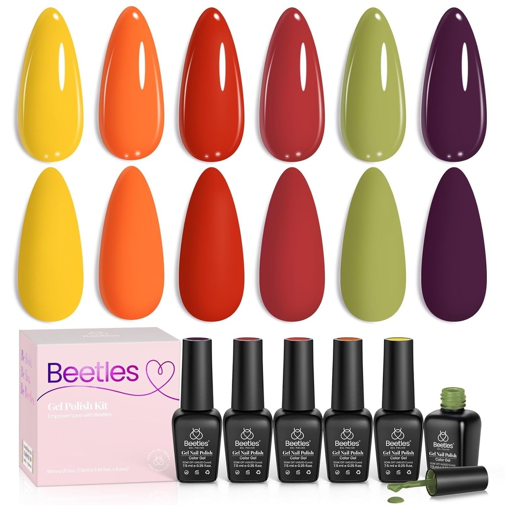 image:imageBeetles Purple Gel Nail Polish Set 6 Colors Nude Deep Purple Pink Glitter Gel Polish Confetti Collection Soak Off Uv Led Nail Art Manicure Kit Gifts for WomenA Creme Sunset Leaves