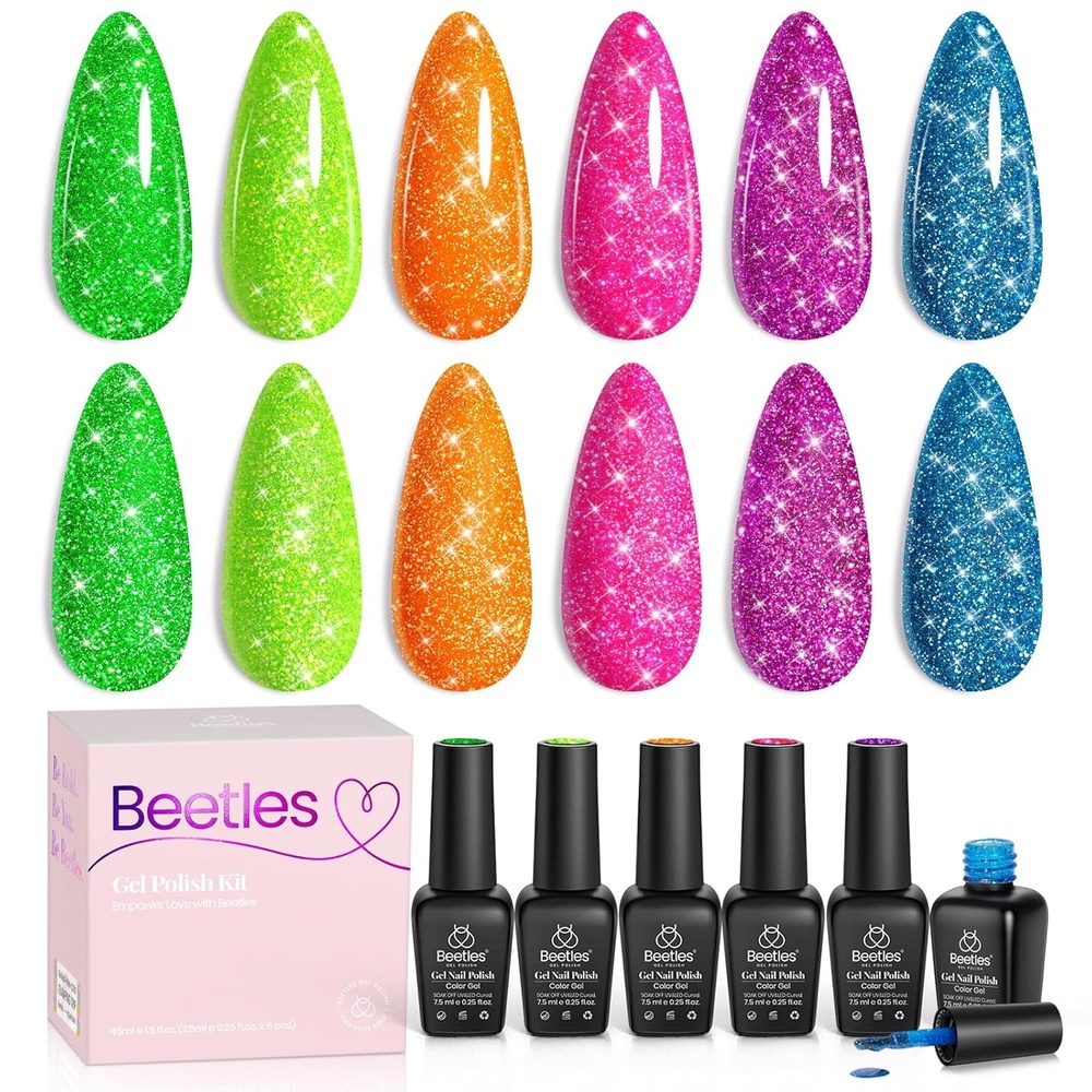 image:imageBeetles Purple Gel Nail Polish Set 6 Colors Nude Deep Purple Pink Glitter Gel Polish Confetti Collection Soak Off Uv Led Nail Art Manicure Kit Gifts for WomenD Flakie Neon Carnival